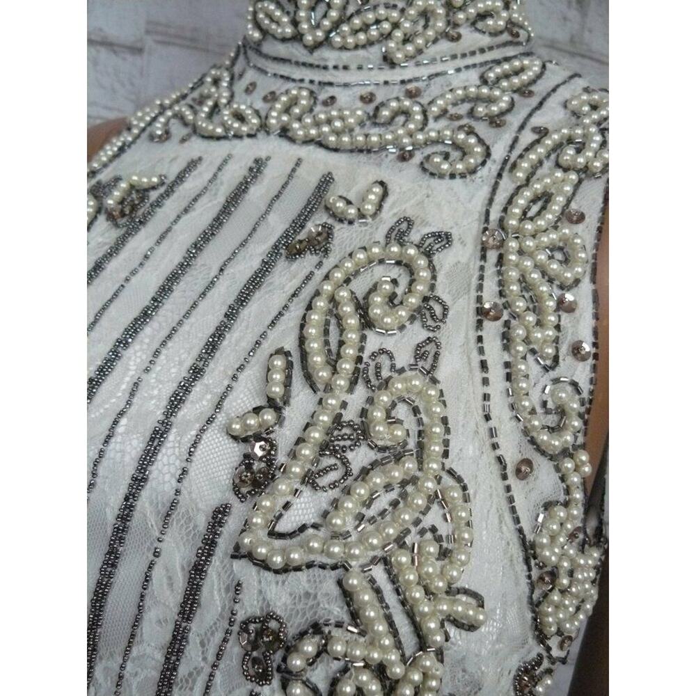 $368 X by NBD Ivory Grey Lace Beaded Pearl Rita Shift Dress XXS NWT - Picture 8 of 9